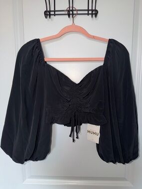 Show Me Your MuMu Black Ruched Puff-Sleeve Crop Top